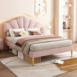 BTM Pink Velvet 4ft6 Double Bed with Gold Legs & Adjustable Headboard - thumbnail 6