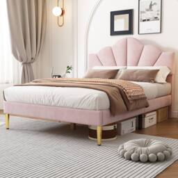 BTM Pink Velvet 4ft6 Double Bed with Gold Legs & Adjustable Headboard - thumbnail 3
