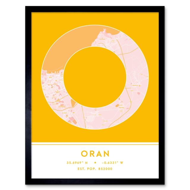 "Wee Blue Coo Wall Art Print Oran Algeria City Map Modern Typography Stylish Letter Framed Word in Yellow - Size: W12"" x H16""" - image 1