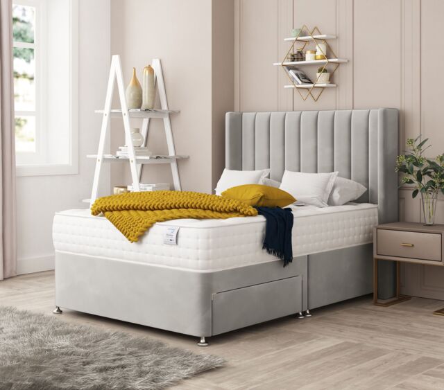 Bed Choices Regent Bed Set No drawer - Includes Mattress & Headboard - Plush Velvet in Silver - Size: Small Double - image 1