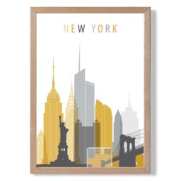 ARTZE New York Yellow & Grey City Skyline Framed Print SIZE: A2 with Oak Frame - Size: A4