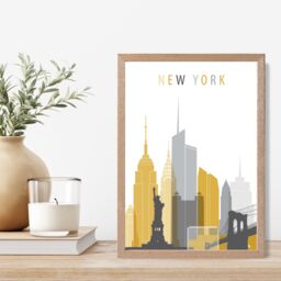 ARTZE New York Yellow & Grey City Skyline Framed Print SIZE: A2 with Oak Frame - Size: A4 - thumbnail 2