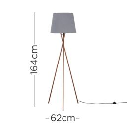 ValueLights Camden Copper Metal Tripod Floor Lamp with Grey Tapered Lamp Shade - thumbnail 5