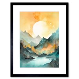 Artery8 Wall Art Print Sun Rising Over Mountain Lakeside Landscape Modern Pastel Teal & Orange Watercolour Painting Artwork Framed 9X7 Inch - thumbnail 1