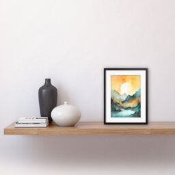 Artery8 Wall Art Print Sun Rising Over Mountain Lakeside Landscape Modern Pastel Teal & Orange Watercolour Painting Artwork Framed 9X7 Inch - thumbnail 2