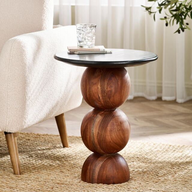 FurnitureboxUK Veer Round Black Marble & Solid Acacia Wood Side Table - image 1
