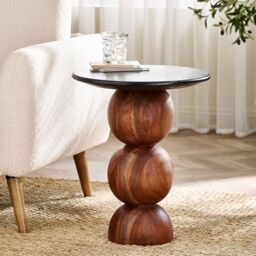 FurnitureboxUK Veer Round Black Marble & Solid Acacia Wood Side Table