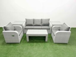 Fimous PE Rattan Garden Furniture Set Reclining Chair Sofa Lounge Sofa Set Rectangular Coffee Table 2 Side Table Light Grey - thumbnail 1