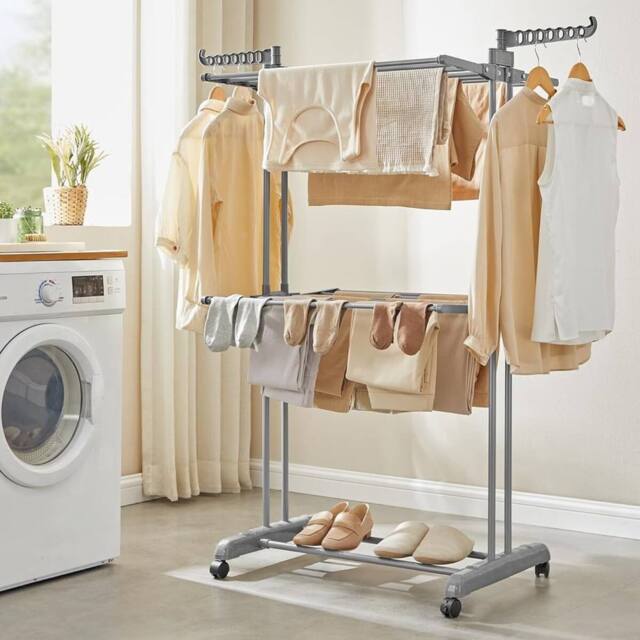 The Bazaarist 3 Tier Clothes Drying Rack Folding Arms, Grey in Light Grey - image 1