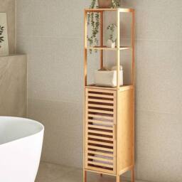 Wyld and Coco Minimalist Bamboo Bathroom Shelving Unit with Door Light Brown