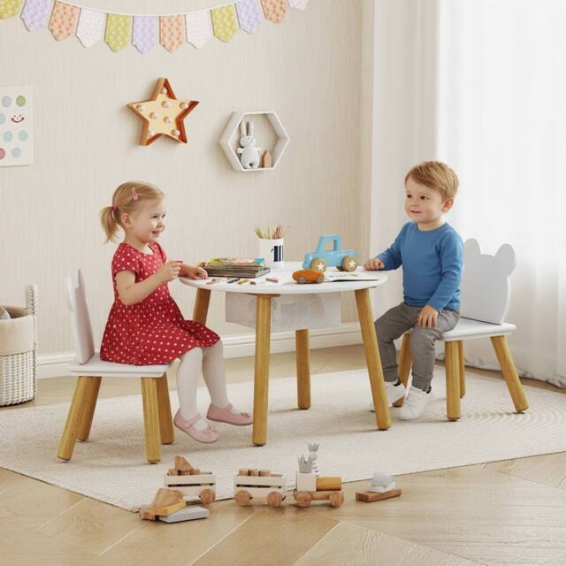 AIYAPLAY 3 Pieces Toddler Table & Chair Set w/ Centre Mesh Bag, White - Size: 600mm - image 1