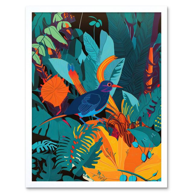 "Artery8 Wall Art Print Bird in Tropical Forest Vibrant Art Framed in White - Size: W12"" x H16""" - image 1