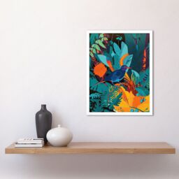 "Artery8 Wall Art Print Bird in Tropical Forest Vibrant Art Framed in White - Size: W12"" x H16""" - thumbnail 2