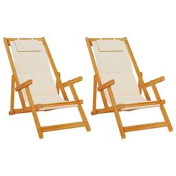 Berkfield Home Folding Beach Chairs 2 pcs Cream Solid Wood Acacia & Textilene - thumbnail 1