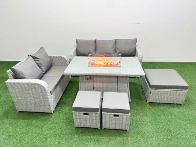Fimous 8 Seater PE Rattan Wicker Garden Furniture Patio Conservatory Sofa Set with Firepit Dining Table 3 Seater Sofa Love Sofa 3 Stool in Light Grey - image 1