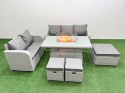 Fimous 8 Seater PE Rattan Wicker Garden Furniture Patio Conservatory Sofa Set with Firepit Dining Table 3 Seater Sofa Love Sofa 3 Stool in Light Grey - thumbnail 2