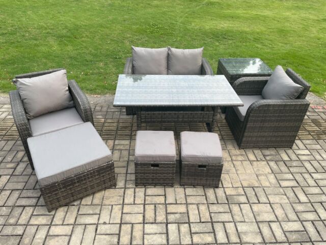 Fimous Rattan Outdoor Garden Furniture Set Rectangular Dining Table & Chair Sofa Set With Side Table 3 Footstools in Dark Grey - image 1