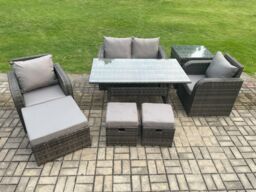 Fimous Rattan Outdoor Garden Furniture Set Rectangular Dining Table & Chair Sofa Set With Side Table 3 Footstools in Dark Grey - thumbnail 1