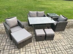 Fimous Rattan Outdoor Garden Furniture Set Rectangular Dining Table & Chair Sofa Set With Side Table 3 Footstools in Dark Grey - thumbnail 2