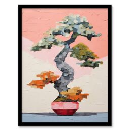 Artery8 Wall Art Print Japanese Bonsai Tree Plant Pot Thick Palette Knife Oil Painting Artwork Framed in Pink - Size: A4 - thumbnail 1