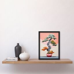 Artery8 Wall Art Print Japanese Bonsai Tree Plant Pot Thick Palette Knife Oil Painting Artwork Framed in Pink - Size: A4 - thumbnail 4