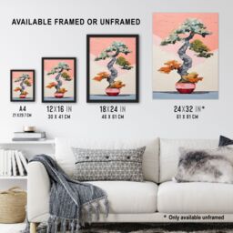 Artery8 Wall Art Print Japanese Bonsai Tree Plant Pot Thick Palette Knife Oil Painting Artwork Framed in Pink - Size: A4 - thumbnail 3