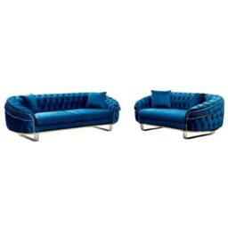 Sliding Wardrobes 4U Cammen 3+2 Plush Velvet Chesterfield Sofa Set Available in 3 Colors in Blue - Size: 5 Pack - thumbnail 2