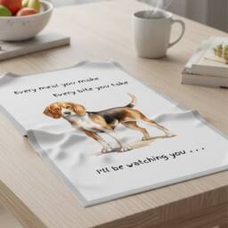 Animal Crackers Dog Tea Towel With 'Watching You' Funny Wording - Beagle in White - thumbnail 2