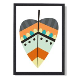 ARTZE Tribal Leaf Framed Print SIZE: A4 with Black Frame in Orange