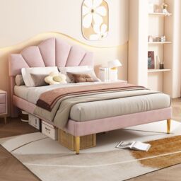 Matteo Velvet Upholstered Double Bed with Adjustable Headboard, Pink - thumbnail 2