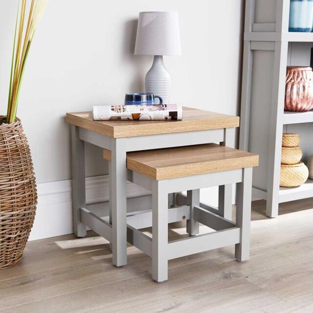 Home Source Nest of 2 Tables Coffee Occasional Side End 36mm Oak Top Nested Set in Grey - image 1