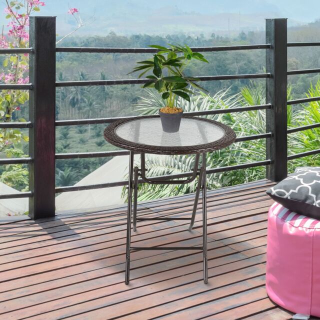 OUTSUNNY Folding Round Rattan Table with Tempered Glass Top for Patio Garden Outdoor in Brown - image 1