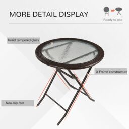 OUTSUNNY Folding Round Rattan Table with Tempered Glass Top for Patio Garden Outdoor in Brown - thumbnail 6