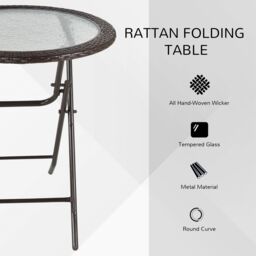 OUTSUNNY Folding Round Rattan Table with Tempered Glass Top for Patio Garden Outdoor in Brown - thumbnail 4