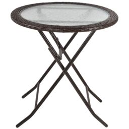 OUTSUNNY Folding Round Rattan Table with Tempered Glass Top for Patio Garden Outdoor in Brown - thumbnail 2
