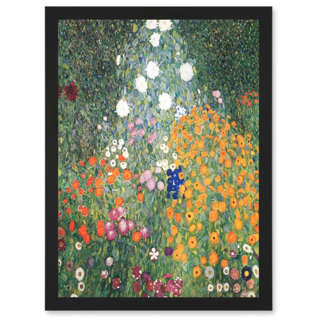 Artery8 Gustav Klimt Flower Garden 1907 Art Nouveau Floral Home Painting A4 Artwork Framed Wall Art Print in Black - image 1