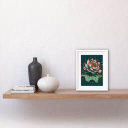 "Artery8 Wall Art Print Lotus Flower Old School USA Tattoo Ink Body Art Rockabilly Americana 50s Artwork Framed 9X7 Inch in White - Size: W7"" x H9""" - thumbnail 2