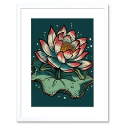 "Artery8 Wall Art Print Lotus Flower Old School USA Tattoo Ink Body Art Rockabilly Americana 50s Artwork Framed 9X7 Inch in White - Size: W7"" x H9""" - thumbnail 1
