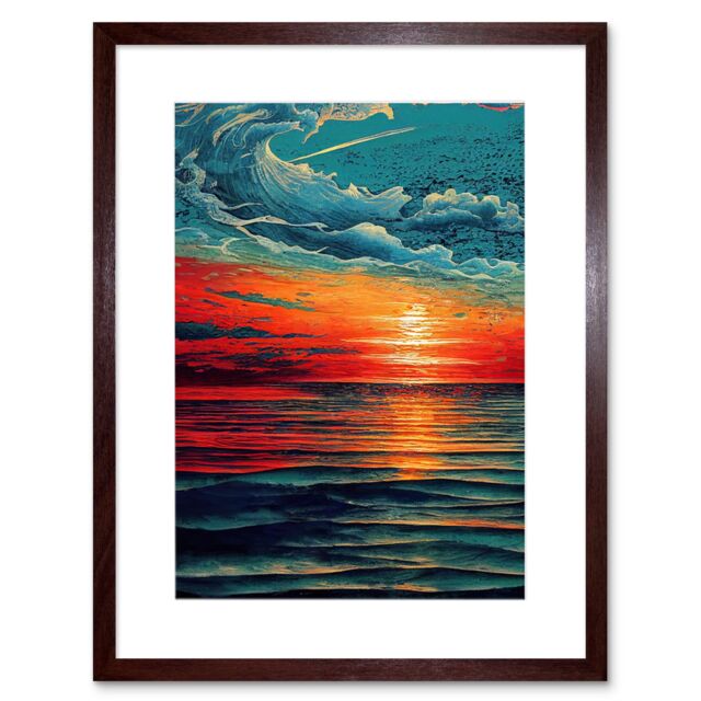 "Artery8 Wall Art Print Seascape Scarlet Sunrise Fiery Horizon Clouds Artwork Framed 9X7 Inch in Brown - Size: W7"" x H9""" - image 1