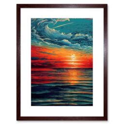 "Artery8 Wall Art Print Seascape Scarlet Sunrise Fiery Horizon Clouds Artwork Framed 9X7 Inch in Brown - Size: W7"" x H9""" - thumbnail 1