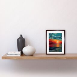 "Artery8 Wall Art Print Seascape Scarlet Sunrise Fiery Horizon Clouds Artwork Framed 9X7 Inch in Brown - Size: W7"" x H9""" - thumbnail 2
