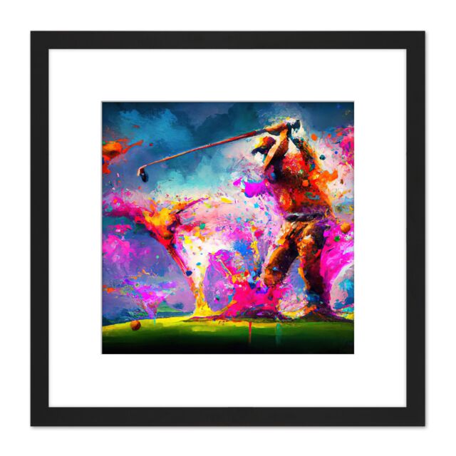 Artery8 Abstract Splatter Art Golf Course Golfer Golfing Oil Painting Taking a Swing on Green Multicoloured Square Wooden Framed Wall Art Print - image 1