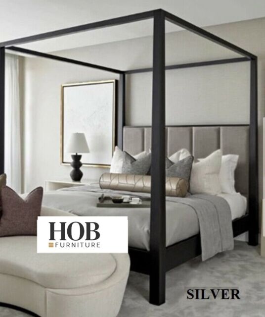 HOB Furniture Washington 4 Poster Bed, Luxury French Velvet, Silver - Size: Super King
