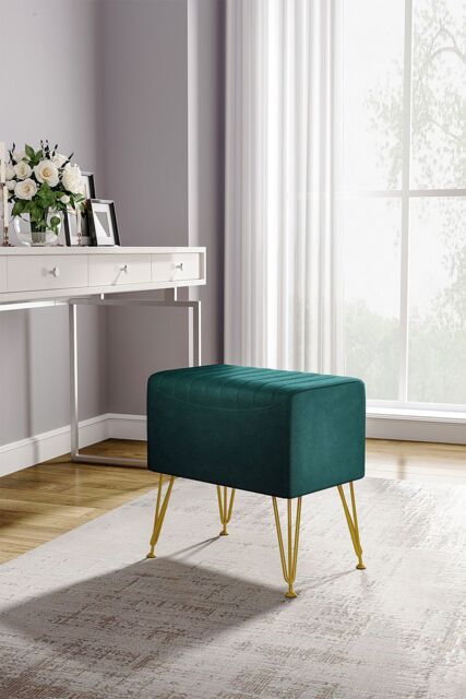 Living and Home Soft Channel Velvet Stool with Gold Legs in Green - image 1