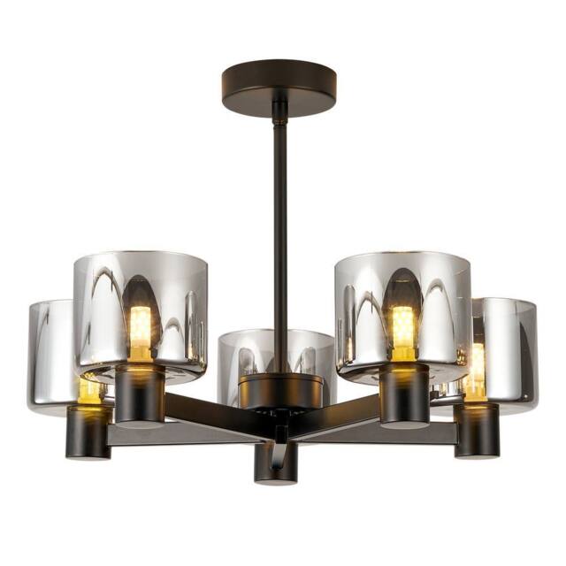 Harper Living Men's 5 Lights Semi Flush Ceiling Lamp with Smoked Glass Shades, Matt Black - image 1