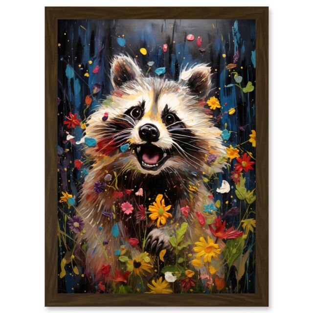 Artery8 Wall Art Print Racoon Romp Playing in a Wildflower Meadow Oil Painting Running Through Flowers in Spring Quirky Portrait Artwork Framed A4 - image 1