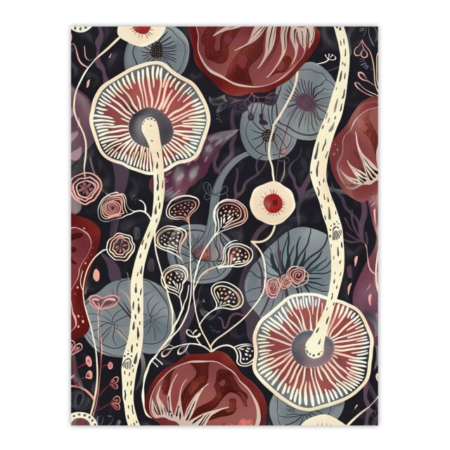 "Artery8 Psychedelic Mushroom Pattern Fungi Folk Art Wall Art Print in Red - Size: W12"" x H16""" - image 1