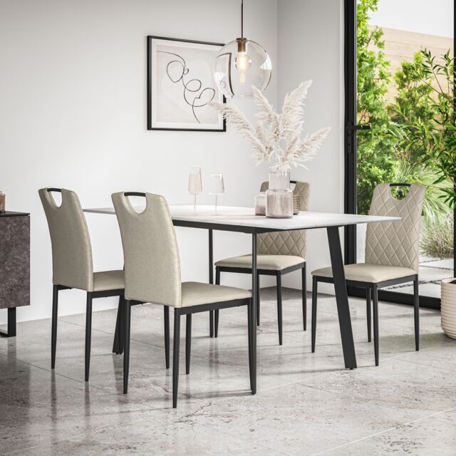 More4Homes Haydon Extending Dining Table & Chairs- White Marble Effect Table Top w Black Legs + Monza Linen Dining Chair Set Of 6 in Beige - image 1