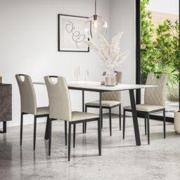More4Homes Haydon Extending Dining Table & Chairs- White Marble Effect Table Top w Black Legs + Monza Linen Dining Chair Set Of 6 in Beige
