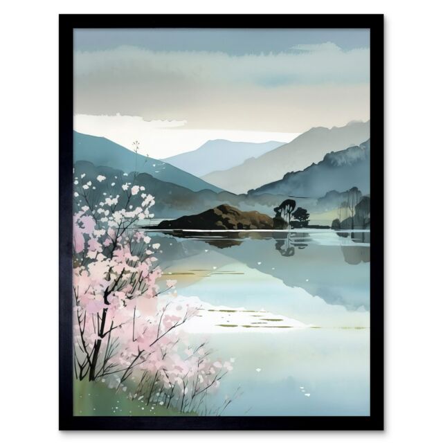 "Artery8 Wall Art Print Lakeside Landscape with Cherry Blossom Tree Modern Watercolour Painting Art Framed in Black - Size: W12"" x H16""" - image 1